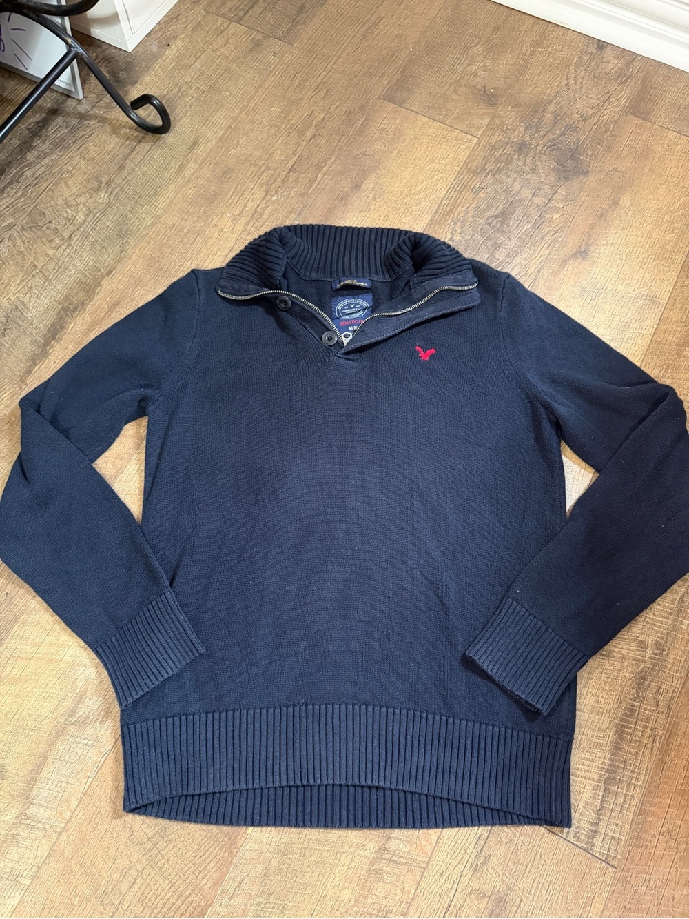 American Eagle Outfitters Men's Navy Zip-Front Sweater with Pink Logo